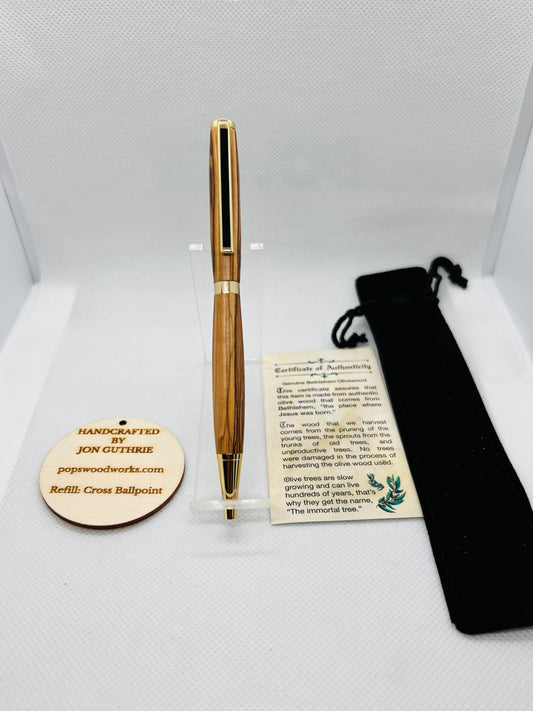 Olive Wood Slimline Pen with Gold hardware.